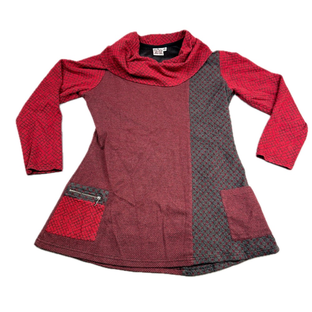 Parsley & Sage Womens Red Gray Patchwork Cowl Neck Tunic Top Medium 0425